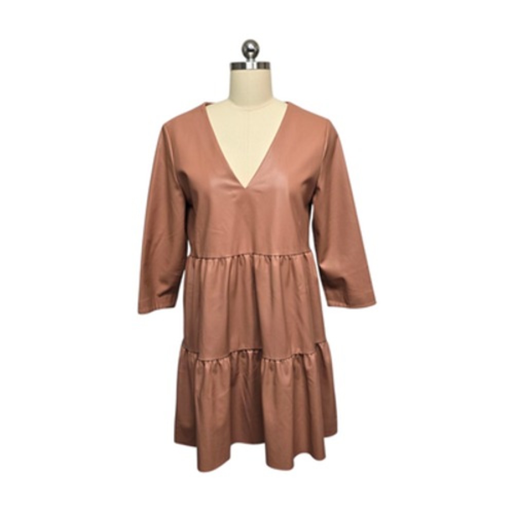 Zara Dress Womens Medium Brown Faux Leather Tiered V Neck 3/4 Sleeve A Line Mini